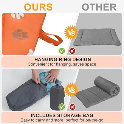 BEAUTYZOO Outdoor Dog Bed Waterproof, Camping Dog Bed Reversible, Portable Travel Bed with Carry Bag- Machine Washable, Durable, Foldable Outdoor Pet Bed Mat for Medium Large Dogs, 35" x 51" Orange