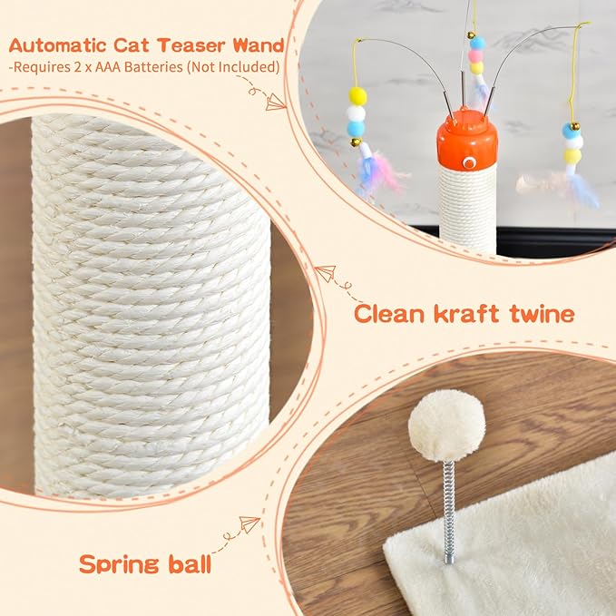 YARUOMY Cat Scratching Post ，41.3" Sisal Rope Cat Scratcher Tall Scratching Post for Indoor Cats Adult with Interactive Cat Toys Automatic Teaser Wand and Rotating Hanging Balls