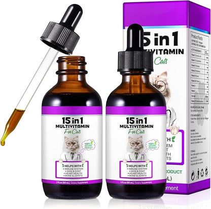 Cat Multivitamin Drops - 15 in 1 Vitamin Supplement for Immune Support, Heart, Bones, Joint, Skin & Coat Health, Bacon Flavor Vitamins for Senior Cats & Kittens (2 Pack, for cat)