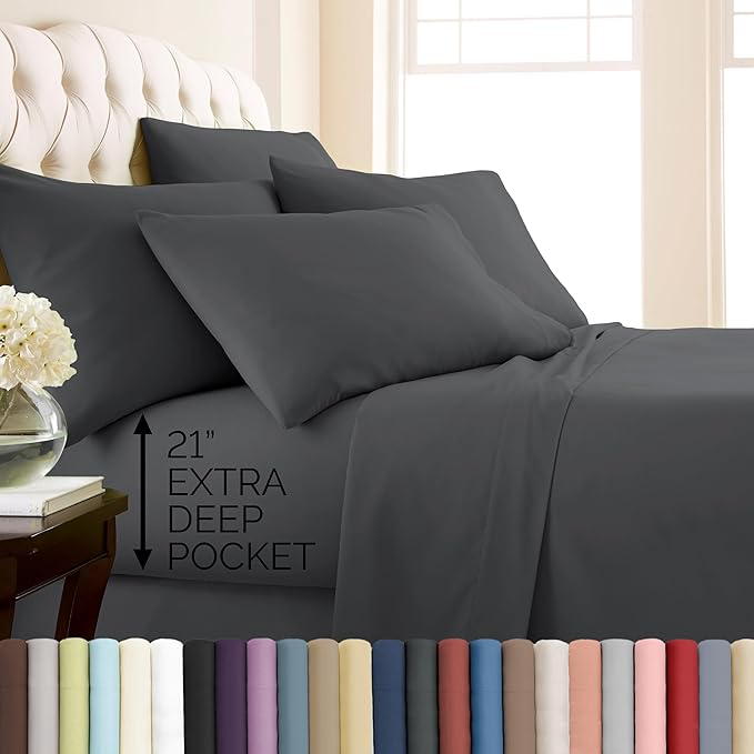 Southshore Fine Living, Inc. 4-Piece Twin XL Sheets Set Premium Bedding, 21-Inch Deep Pocket Sheet Set, Deep Pocket Twin XL Fitted Sheet, Grey Pillow Cases Standard Size Set of 2, Grey Sheets, Slate