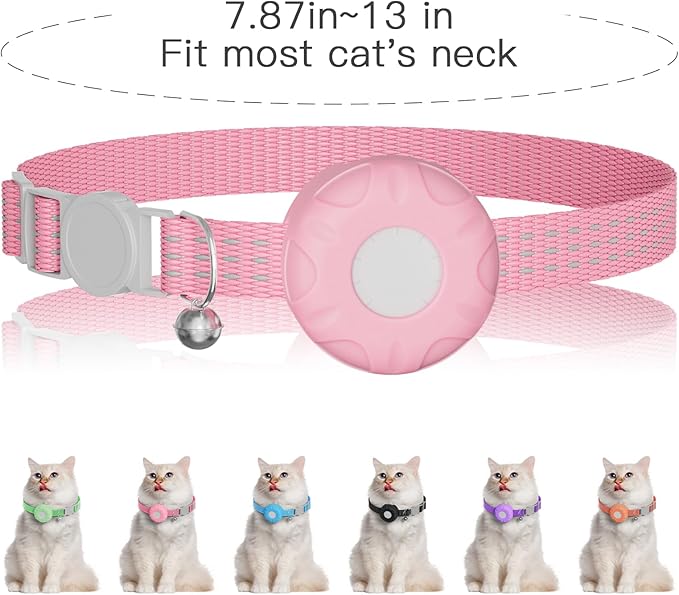 Cat Tracker, No Monthly Fee GPS Tracker Compatible with Apple Find My App(Only iOS), Waterproof Cat Tracker Collar with Bell and Safety Elastic Buckle, Up to 1-Year Battery (Pink)