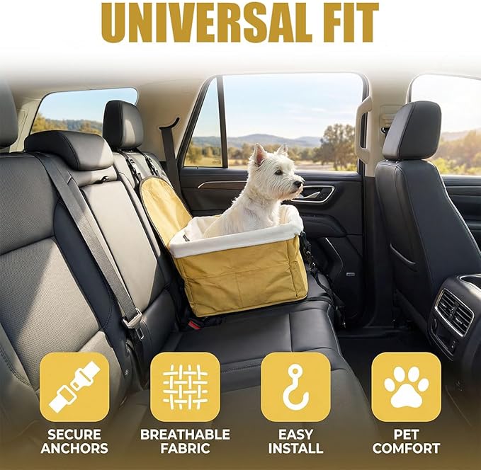 Dog Car Seats for Small Dogs, Portable Soft Auto Pet Booster Seats with Adjustable Safety Leash, Foldable Puppy Travel Seat with Storage Pocket for Cars, SUVs, Trucks(Beige)