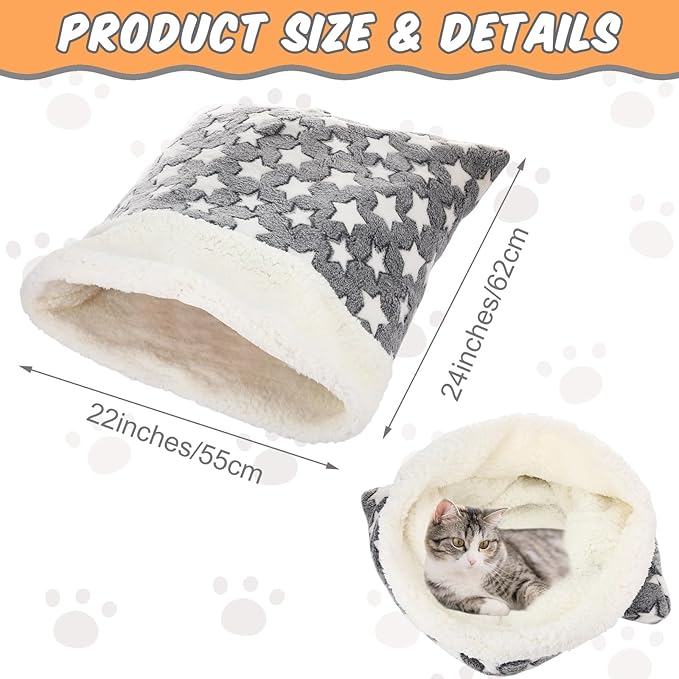 Self Heating Cat Sleeping Bag Indoor Self Warming Cat Bed Cave Heated Pad Cozy Soft Winter Washable Wrap Pet Snuggle Sack Pouch for Puppy Dog Kitten, 24 x 21 Inch(Classic,Gray)