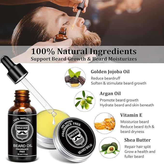 MALE GOD Beard Kit, Beard Growth Kit w/Natural Ingredients Beard Oil & Balm, Men's Care & Grooming Set w/Beard Brush & Comb, Anniversary | Birthday Gifts for Men, Him, Husband, Boyfriend, Dad