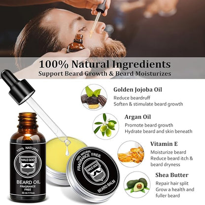 MALE GOD Beard Kit, Beard Growth Kit w/Natural Ingredients Beard Oil & Balm, Men's Care & Grooming Set w/Beard Brush & Comb, Anniversary | Birthday Gifts for Men, Him, Husband, Boyfriend, Dad