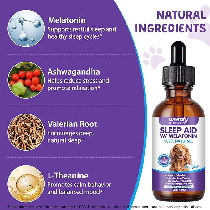 Melatonin for Dogs, Sleep Aid Drops Supports Dog Sleep, Dog Anxiety Relief, Calming Dogs & Regulates Sleep Patterns - Pet Supplies Supplement Liquid Vitamins, Bacon Flavour - 2 Fl Oz / 60ml
