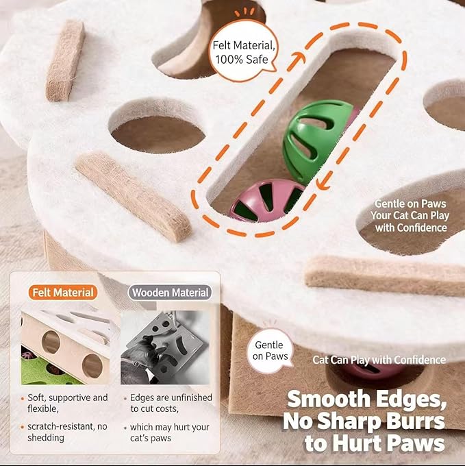 Interactive Cat Puzzle Toy, Cat Scratch Puzzle Enrichment Box with Bell, Felt Maze Box, Mental Stimulation Toy for Cats, Self Play Fun Exercise Hide Seek Moving Cat Toy for Bored Cats