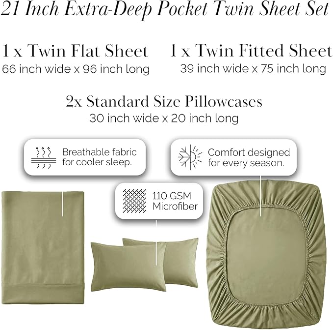 Southshore Fine Living, Inc. 4-Piece Twin Bed Sheets Set, 21" Extra Deep Pocket Fitted Sheet Twin, Oversized Flat Sheet, Microfiber Bedding, Sage Green Pillow Cases Standard Size, Sage Green Sheets