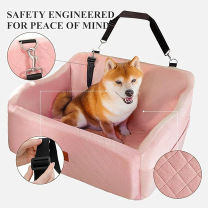 Lealchum Dog Car Seat for Medium/Large Dogs,2 Clip-On Safety Leashs for 2 Small Dogs,Removable and Washable Comfy Pet Car Seat,Easy to Install and Clean (Pink, Large)