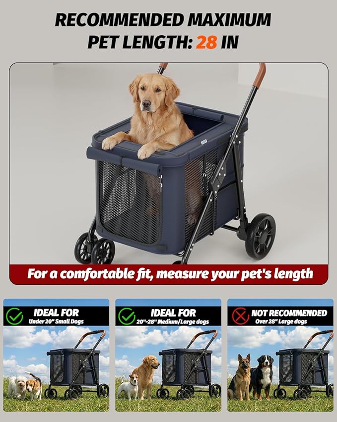 Dog Stroller for Large & Medium Dogs, Pet Stroller for 2 Small Dogs Up to 80 Lbs, Extra Large Heavy Duty, Folding & Breathable, All-Terrain Wheels, Navy Blue