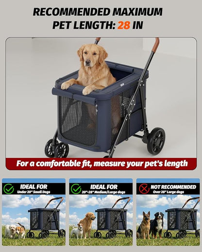 Dog Stroller for Large & Medium Dogs, Pet Stroller for 2 Small Dogs Up to 80 Lbs, Extra Large Heavy Duty, Folding & Breathable, All-Terrain Wheels, Navy Blue