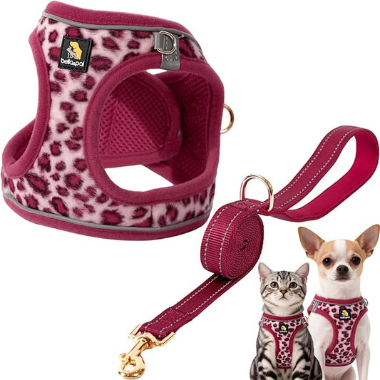 BELLA & PAL Step in Vest Harness for Small and Medium Dogs, No Pull Small Dog Harness with Leash Set, Comfortable Air Mesh Dog Vest Harness with Reflective Strip (Pink Leopard, XXS)