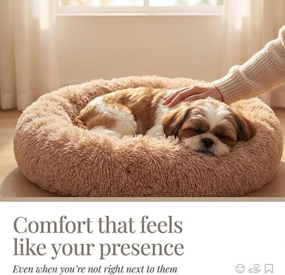 Calming Donut Dogs Beds for Small Dogs Washable,23inch Plush Round Pet Bed for Cozy Sleep,Fluffy Faux Fur Large Cat Bed,Fits up to 25 lbs Pets,Camel
