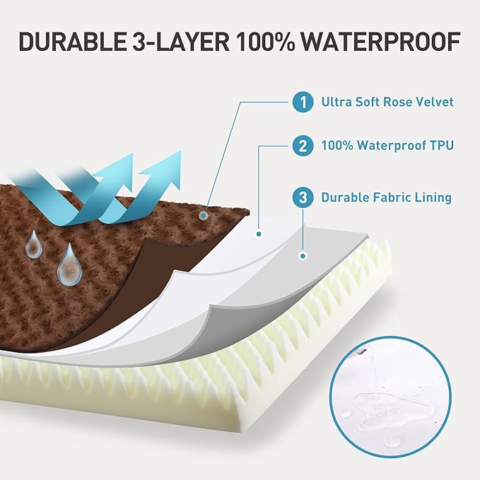 Dog Crate Bed Waterproof Jumbo Dog Beds for Extra Large Pets Rose Velvet Soft Fluffy Washable with Removable Cover & Anti-Slip Bottom, 47 x 29 Inch, Brown