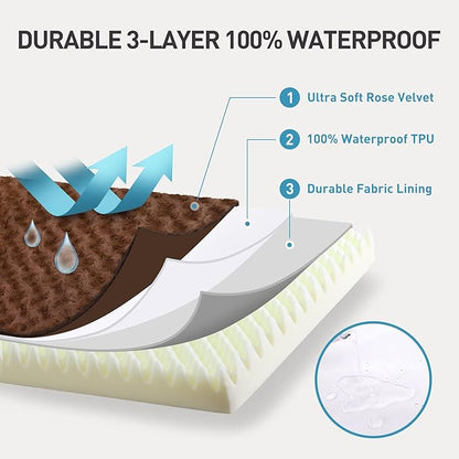Dog Crate Bed Waterproof Dog Beds for Medium Pets Rose Velvet Soft Fluffy Washable with Removable Cover & Anti-Slip Bottom, 29 x 18 Inch, Brown