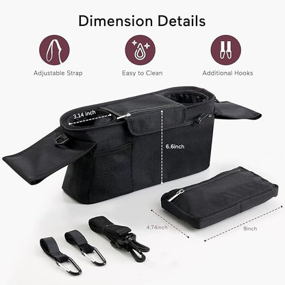 Universal Stroller Organizer with Insulated Cup Holder Detachable Phone Bag and Carry Strap Fits Uppababy, Baby Jogger, Britax, BOB, Umbrella and Pet Stroller and more (Black)