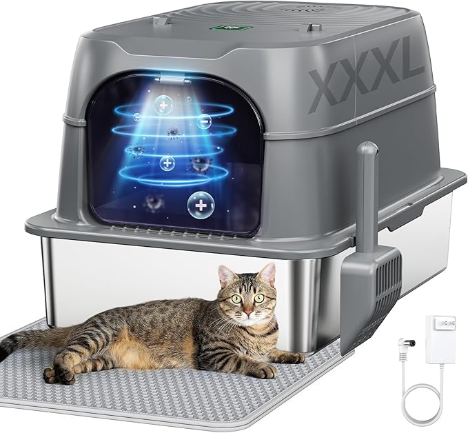 Smart Odor Control Cat Litter Box with Cover，XXXL Stainless Steel Enclosed Litter Box for Big Cats, Plasma Sterilization Deodorizer with Infrared Auto Pause, No More Odors and Stay Fresh,Easy to Clean