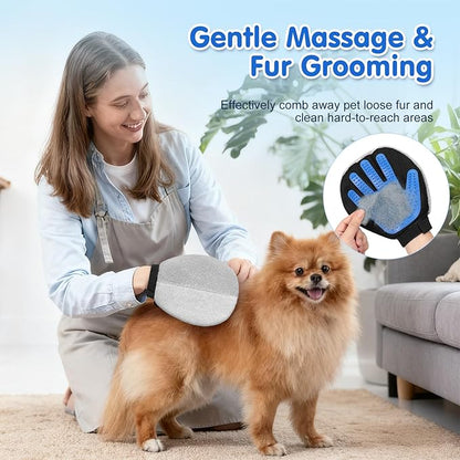 Pawaboo Pet Hair Removal Glove, Dual-Side Electrostatic Hair Removal & Silicone Fur Brush for Dogs and Cats, Reusable Five-Finger Pet Fur Grooming Glove for Couch Carpet Clothes Laundry, Blue & Grey