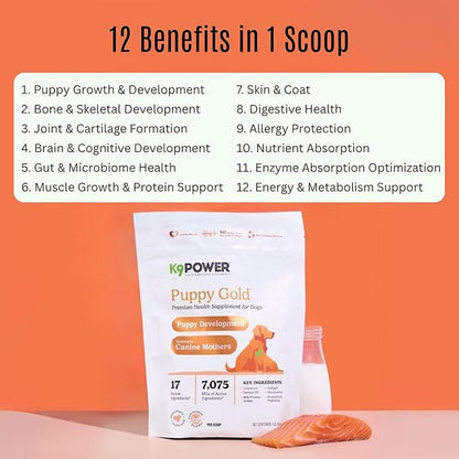 K9 Power Puppy Gold – Puppy Supplement for Growth & Development – Also Supports Pregnant & Nursing Mothers – Colostrum, DHA, Glucosamine, Collagen, Probiotics, Creatine, Milk Protein, Salmon Oil