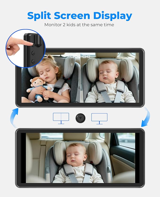 BM5PRO 7.2" 1080P HD Baby Car Camera for 2 Kids, Split Screen with IR Night Vision, Easy to Install & Adjust Brightness, Dual Car Camera Baby Monitor for Rear Seat Safety (Blue)