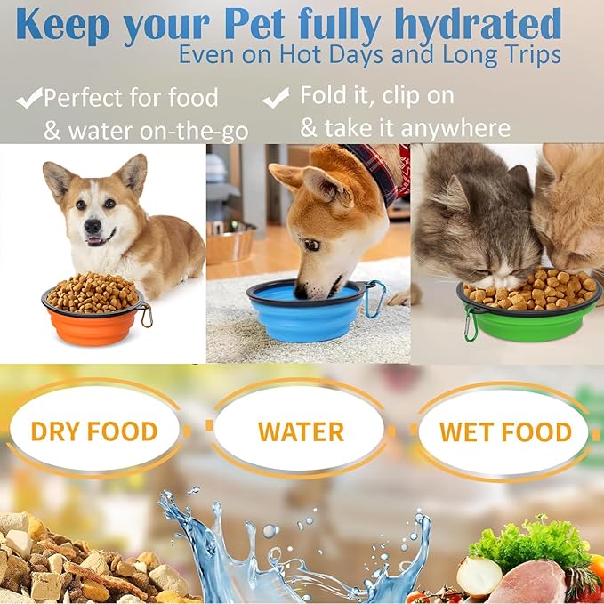 Takfox Collapsible Dog Bowls [2 Pack] 20 oz, Travel Dog Bowls, Pet Bowl Portable Foldable Water Food Feeding Dishes with Carabiner Clip for Traveling Hiking Walking-Black & Blue