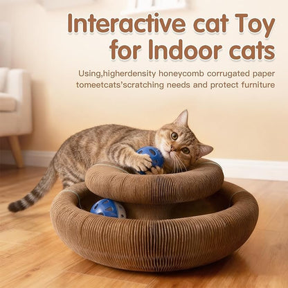 Extensible Cat Scratcher Cardboard Toy | Magic Accordion Scratching Pad with Bell Ball - Foldable & Reversible Interactive Kitty Play for Indoor Cats (2 Pack)