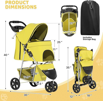 Magshion 3-Wheel Pet Stroller, Foldable Travel Jogger for Small & Medium Dogs & Cats (Up to 33lbs), Lightweight Carrier with Breathable Mesh Cover, Cup Holder & Storage Basket, Yellow