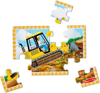 Melissa & Doug 4‑in‑1 Wooden Construction Vehicles Jigsaw Puzzle Set, 48 Pieces with Storage Box, Toddler Puzzle Toy for Kids Ages 3+ - FSC Certified
