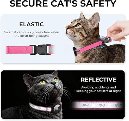 Breakaway AirTag Cat Collar, Reflective Cat Tracker Collar with Air Tag Holder and Bell, Safety Elastic Band Cat GPS Collars for Girl Boy Cats, Kittens and Puppies (Hotpink, 8-13'')