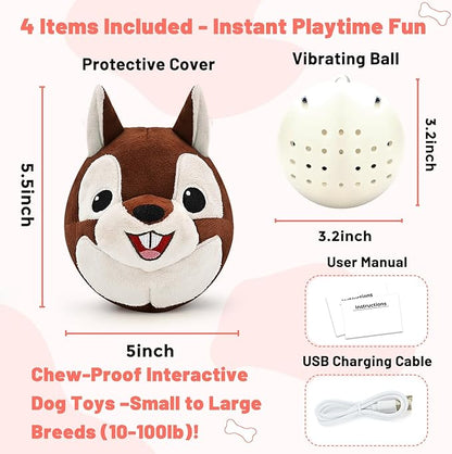 Interactive Dog Toys - Auto Bounce, Move & Vibrate with Sound, Talking Squirrel Puppy Toy for Small Medium Large Dogs, Rechargeable Durable Toy for Anxiety Relief, Boredom & Indoor Play