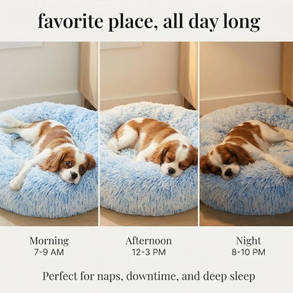 Calming Dog Bed for Medium Dogs Washable Donut 30 inches Anti-Slip Pet Bed,Round Fluffy Plush Faux Fur Cat Bed,Fits up to 45 lbs Pets,Gradient Blue