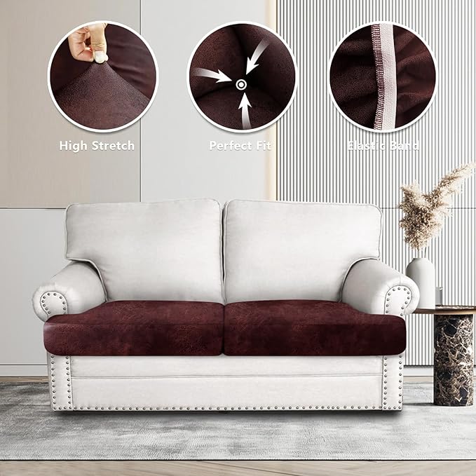 ANARACHON Leather Look Couch Cushion Covers Sofa Seat Slipcovers Sets Couches Furniture Protector for Sectional Armchair Loveseat Pets Kids Stretch Spandex Fabric (2 T-Cushion Loveseat, Burgundy)
