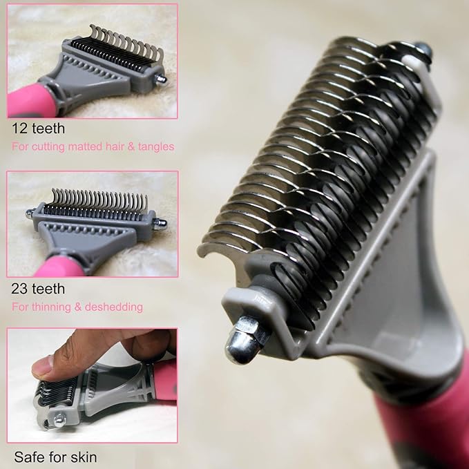 Pet Dematting Comb - 2 Sided Undercoat Rake for Cats & Dogs - Safe Grooming Tool for Easy Mats & Tangles Removing - Medium and Long Haired Cats Dogs Brush for Shedding
