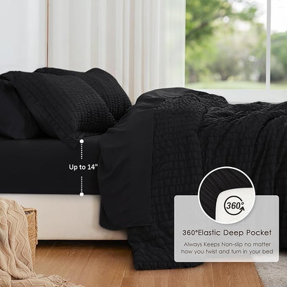 Love's cabin Seersucker Black Twin XL Comforter Set, 5-Piece All Season Lightweight Bed in a Bag Bedding Set with Comforter, Flat Sheet, Fitted Sheet, Pillowcase and Sham | Soft, Breathable, Lightweight