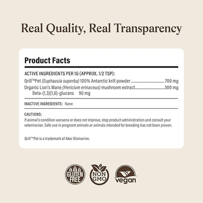 Real Mushrooms Lion’s Mane with Qrill Pet - Lion's Mane for Dogs and Cats with Krill Meal, Beta-Glucan Rich Mushroom Extracts for Immune, Digestion, and Brain Support for Puppies and Kittens, 75g