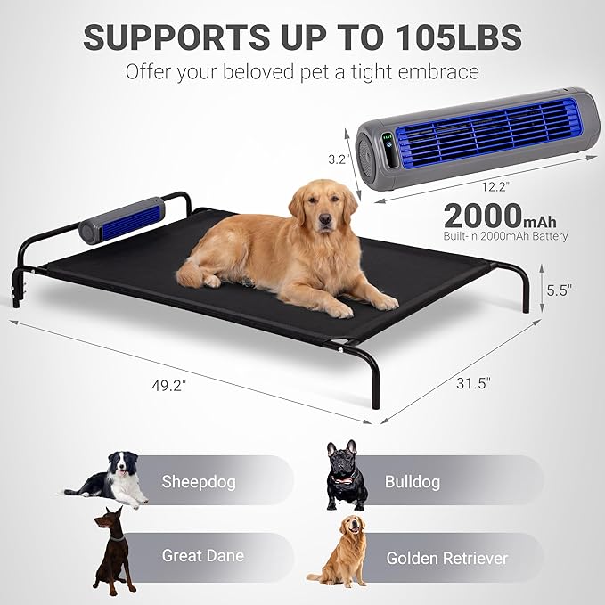 Tailwaggz Elevated Outdoor Dog Bed with Fan - Cooling Dog Bed for Large Dogs, Waterproof Cot Easy to Assemble, 3 Wind Speed, Raised Dog Bed with Washable Mesh Cover, Durable, Non Slip, Up to 105 lbs