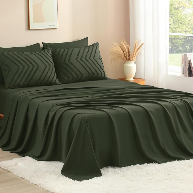 Litanika California King Comforter Set with Sheets Dark Olive Green - 7 Pieces Bed in a Bag Cal King Chevron Tufted Complete Bedding Sets with Comforter, Sheets, Pillowcases & Shams