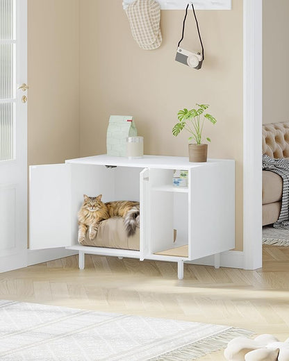 Hzuaneri Cat Litter Box Enclosure Enclosed, Hidden Litter Box Cabinet Furniture with Storage, Wooden Indoor Cat House Large, Modern End Table for Living Room Entryway, White CB01513W