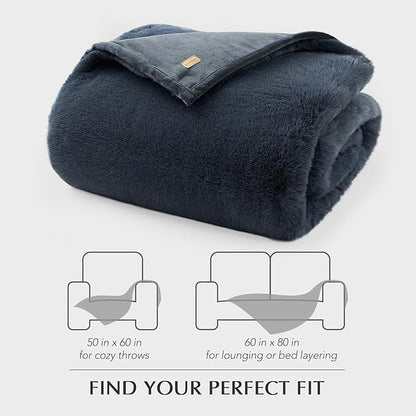 EVERGRACEHOME Luxury Soft Faux Chinchilla Fur Throw Blanket for Couch, Warm Thick Heavy Winter Throw Blanket 1220GSM for Bed, Fluffy Cozy Mink Blanket with Reversible Velvet, Stormy Blue Mink, 60"x80"