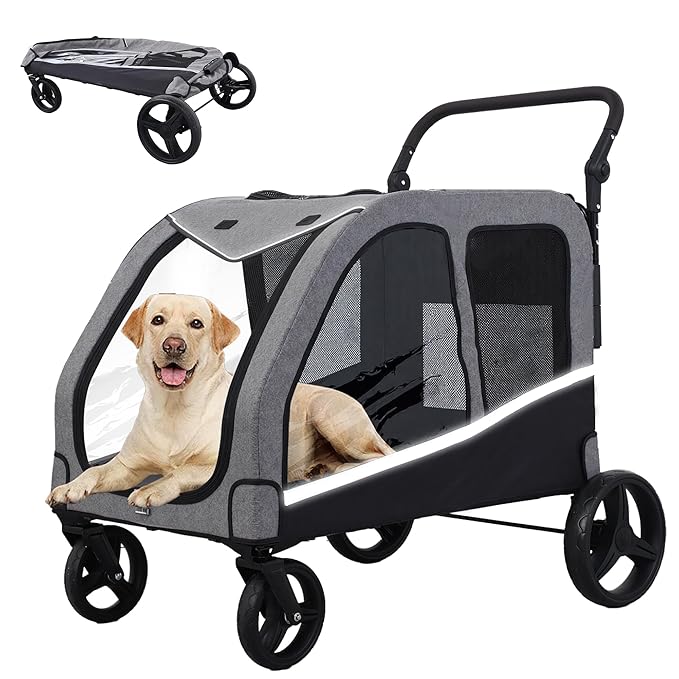 Kepptory Large Dog Stroller for Medium/Large Dogs up to 130 lbs, Foldable Pet Stroller with 4 Wheels, Adjustable Handle, Heavy Duty Dog Carriage for Senior, Disabled, Injured Pets, Grey