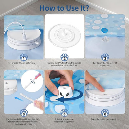 Rechargeable Interactive Cat Toys, Automatic Cat Toy for Indoor Cats, Durable Hide and Seek Cat Toy with Moving Concealed Feathers, Touch Activated Kitten Toys Cat Exercise Toys, Blue White Cover
