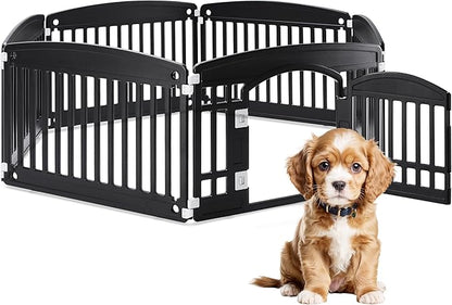 HealSmart 6 Panel Dog Playpen, 24” Exercise Puppy Playpen with Door, Safe, Secure, Folding & Portable Pet Playpen for Indoor & Outdoor Use, Suitable for Puppies and Small, Black