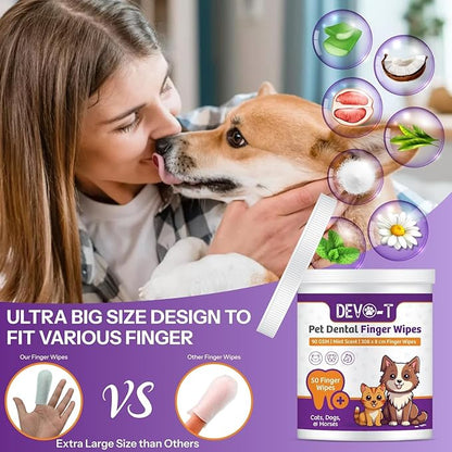 DEVO-T 100% Natural Dog Teeth Cleaning Wipes Unscented | 100 Count | Pet Teeth Cleaning Finger Wipes for Dogs, Cats & Horses | Remove Bad Breath, Plaque & Tartar Buildup | Dog Dental Wipes Finger