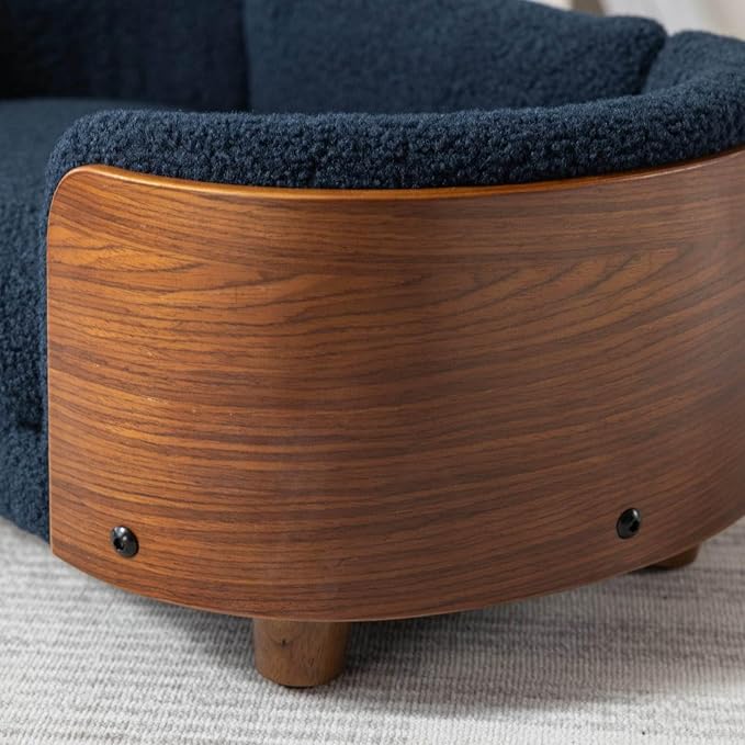 Elevated Pet Sofa Bed with Solid Wood Legs, Bent Wood Back, and Cashmere Cushion - Luxury Pet Furniture for Cats and Dogs, Dark Blue & Walnut