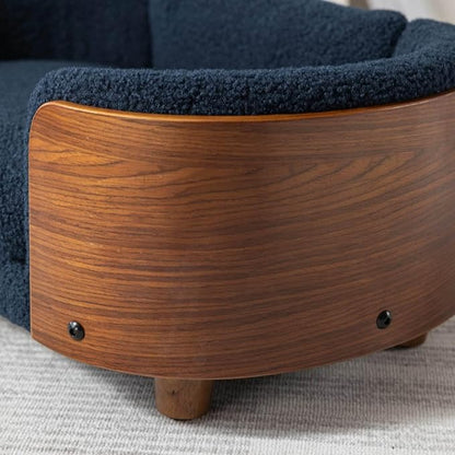 Elevated Pet Sofa Bed with Solid Wood Legs, Bent Wood Back, and Cashmere Cushion - Luxury Pet Furniture for Cats and Dogs, Dark Blue & Walnut