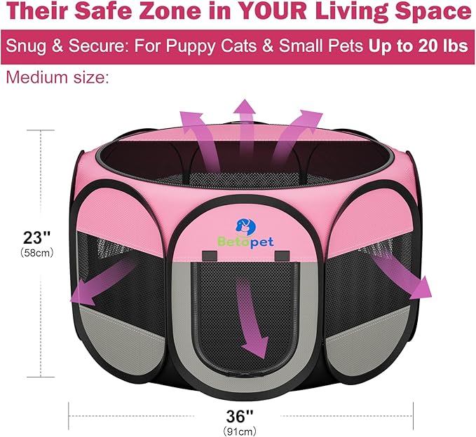 Playpen for Small Dogs Cats Crate: Puppy Play Pen Indoor Outdoor Foldable Potable Exercise Cage Pop up Kennel for Guinea Pig Rabbits Hamster Travel with Carrying Case & Food Bowl (Pink, M, 1)