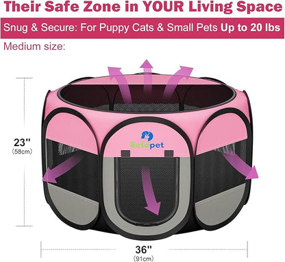 Playpen for Small Dogs Cats Crate: Puppy Play Pen Indoor Outdoor Foldable Potable Exercise Cage Pop up Kennel for Guinea Pig Rabbits Hamster Travel with Carrying Case & Food Bowl (Pink, M, 1)