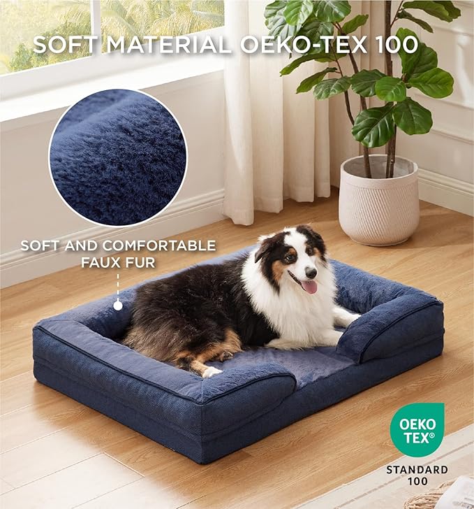 Made4pet Dog Bed Orthopedic Dog Sofa for Large Dogs,Supportive Foam Pet Cushions Bed with Washable Removable Cover, Egg-Crate Foam, Waterproof Lining Bottom, Blue, 42 * 32 * 8 Inch