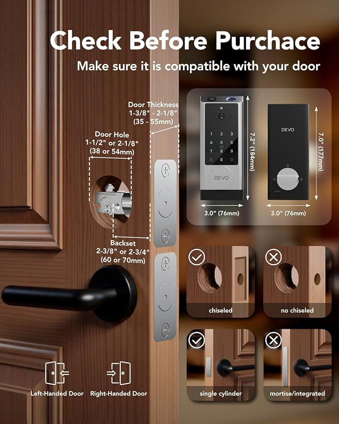 Devo G1 Video Smart Lock with Camera & Doorbell, 6-in-1 Fingerprint Keyless Entry Door Lock for Front Door, App Remote, Auto Locks, Wi-Fi Smart Deadbolt, Easy Install, Waterproof, Silver(Handle)