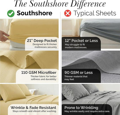 Southshore Fine Living, Inc. 21-Inch Extra Deep Pocket Queen Sheets, 6-Piece, Microfiber Sheet Set Queen Size, Oversized Flat, Deep Pocket Fitted, Muted Gold Pillowcases, Muted Gold Sheets